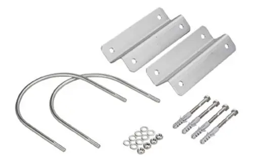 Wandhalterung aus Metall für die Montage von UV-Geräten, bestehend aus Halterungen, U-Stäben und Schrauben, hergestellt von Grünbeck.